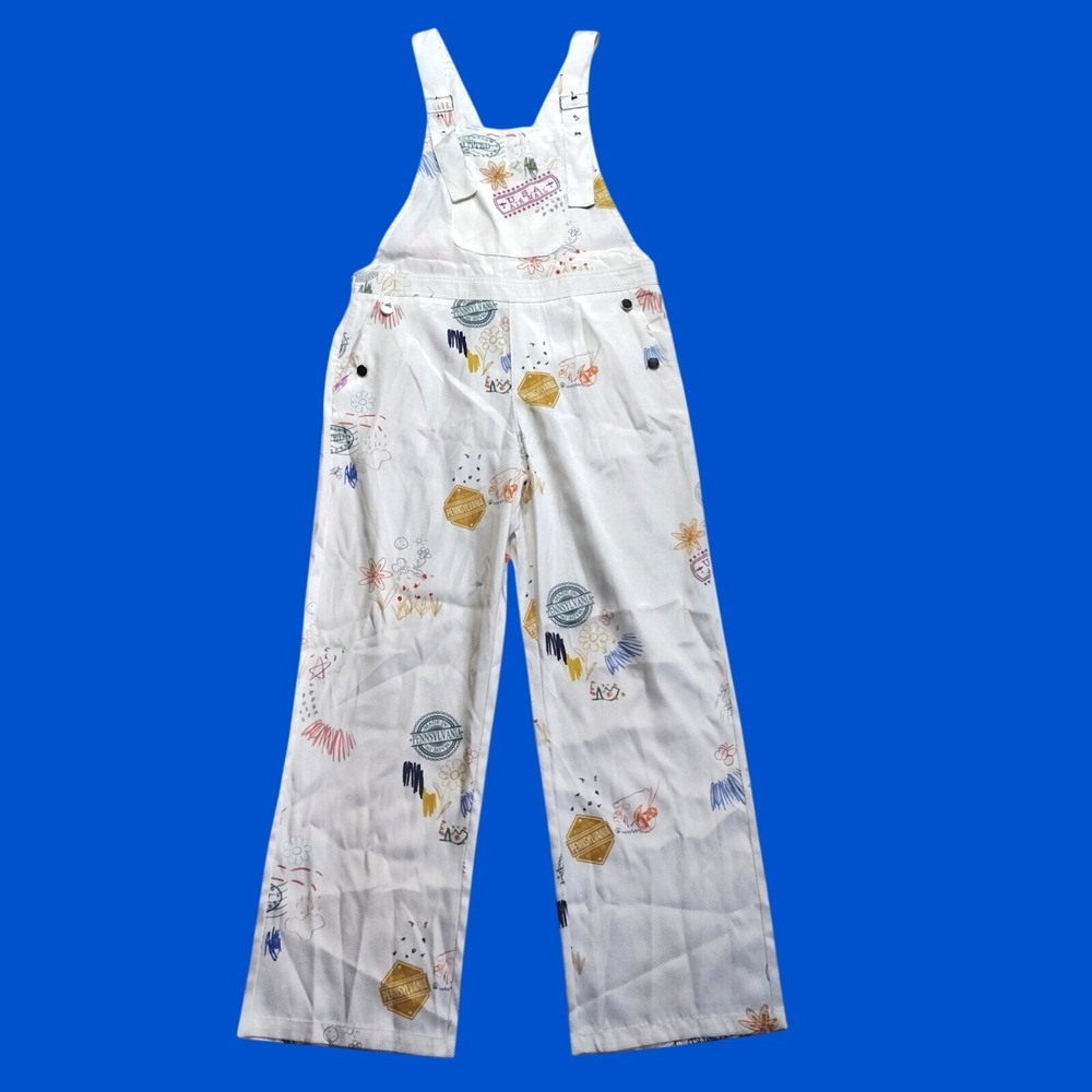 Cider Overalls Women XL White NWT Doodle Print Wide Leg Pennsylvania Travel